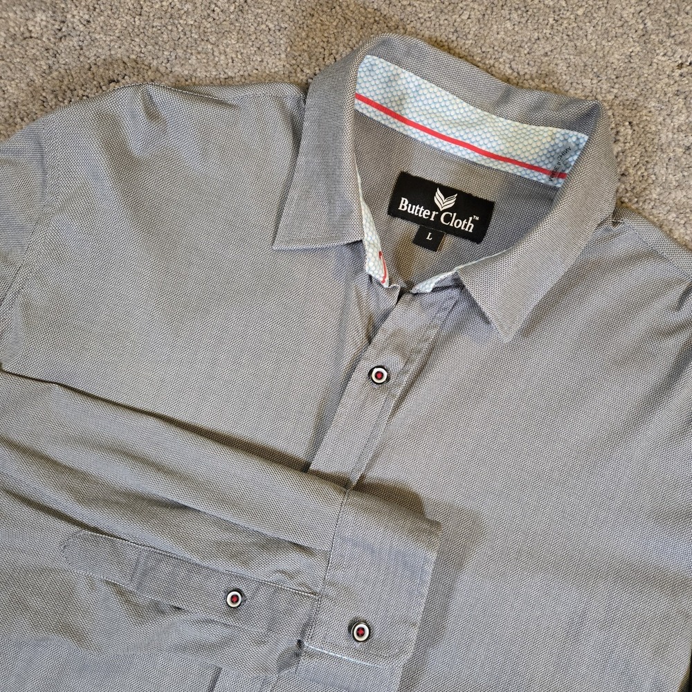 ButterCloth Men's Gray Large Royal Cotton Long Sleeve Button‎ Up 100% Cotton